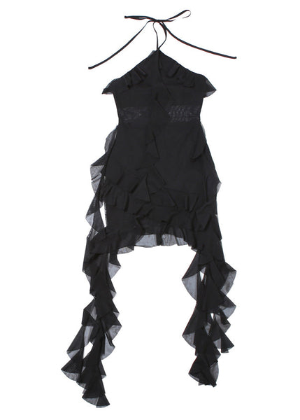 Sexy Black Ruffled Lace Up Tulle Mid Dress Sleeveless EE1042 SH-LF-SDM240517