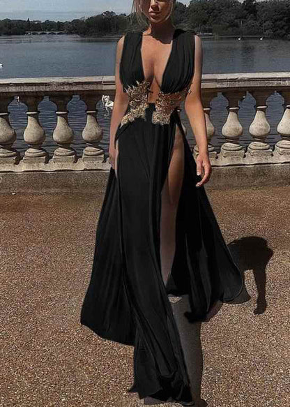 Side Open Large Dresses Exra Sexy Summer Hem Black Evening FashionChic