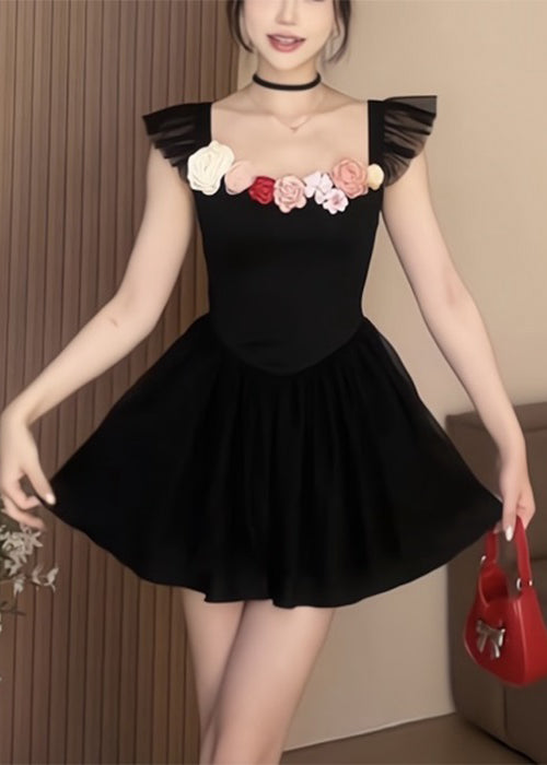 Sexy Black Square Collar Solid Cotton Mid Dress Summer XX014 SH-LF-SDM240611