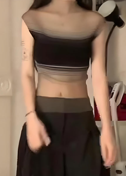 Sexy Tulle Sleeveless Black Striped Knit Top FashionChic