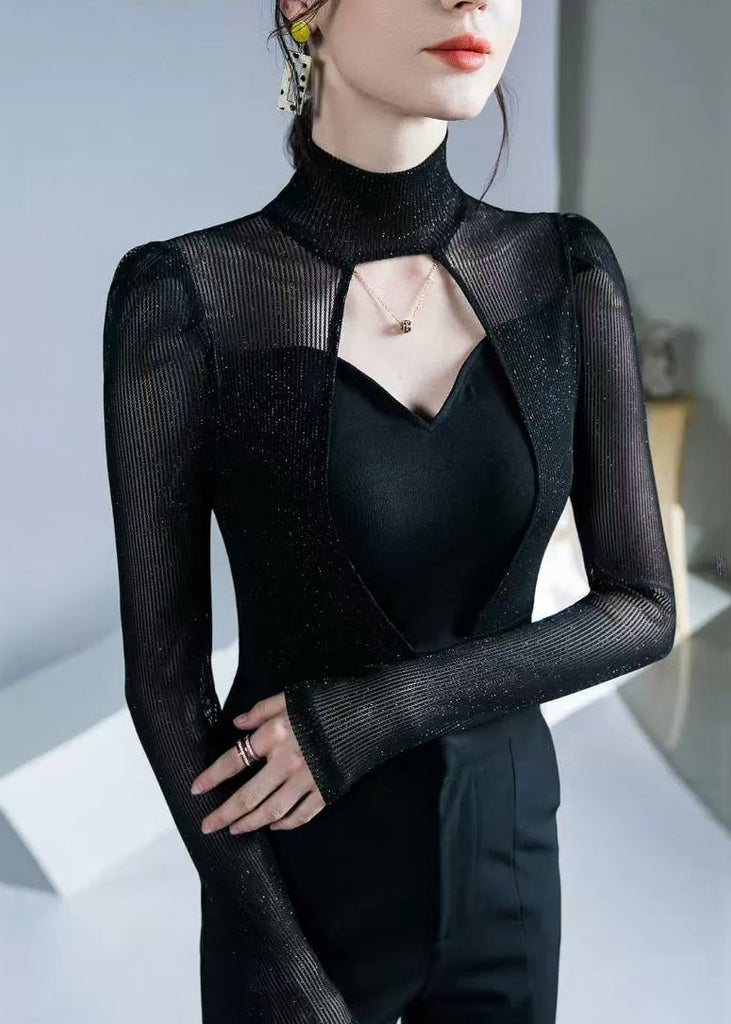 Sexy Black Turtleneck Hollow Out Patchwork KnitTop Fall AL1034 Genistyle Shop