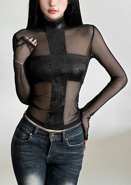 Tulle Top Sheer Spring Turtleneck Black Sexy FashionChic