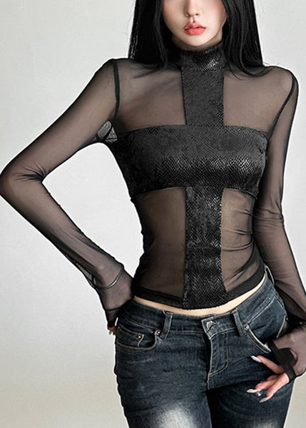 Tulle Top Sheer Spring Turtleneck Black Sexy FashionChic
