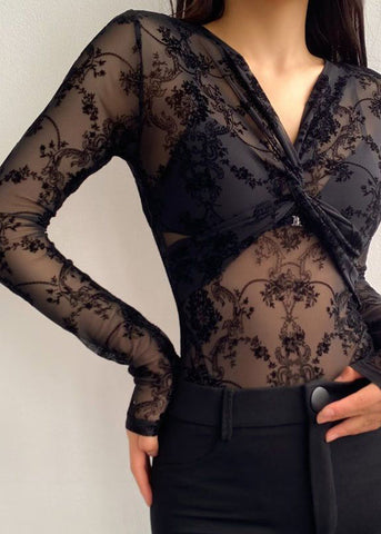 Tulle Wrinkled Black Sexy Neck V Bodysuit Flocking FashionChic