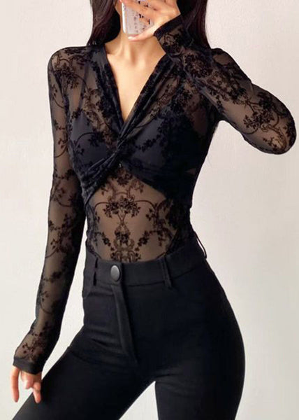 Tulle Wrinkled Black Sexy Neck V Bodysuit Flocking FashionChic