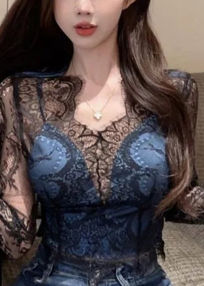 Hollow Out Black Spring Lace V Neck Sexy Shirt FashionChic