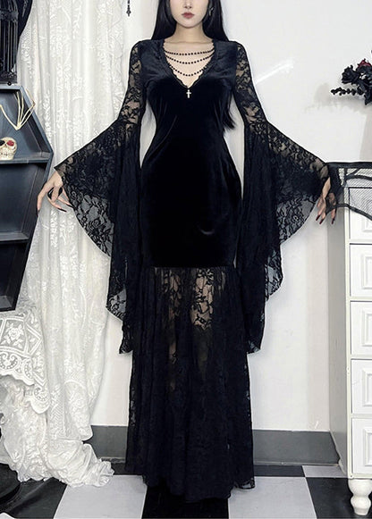 Sexy Black V Neck Lace Patchwork Silk Velvet Long Dresses Flare Sleeve YT029 ABC