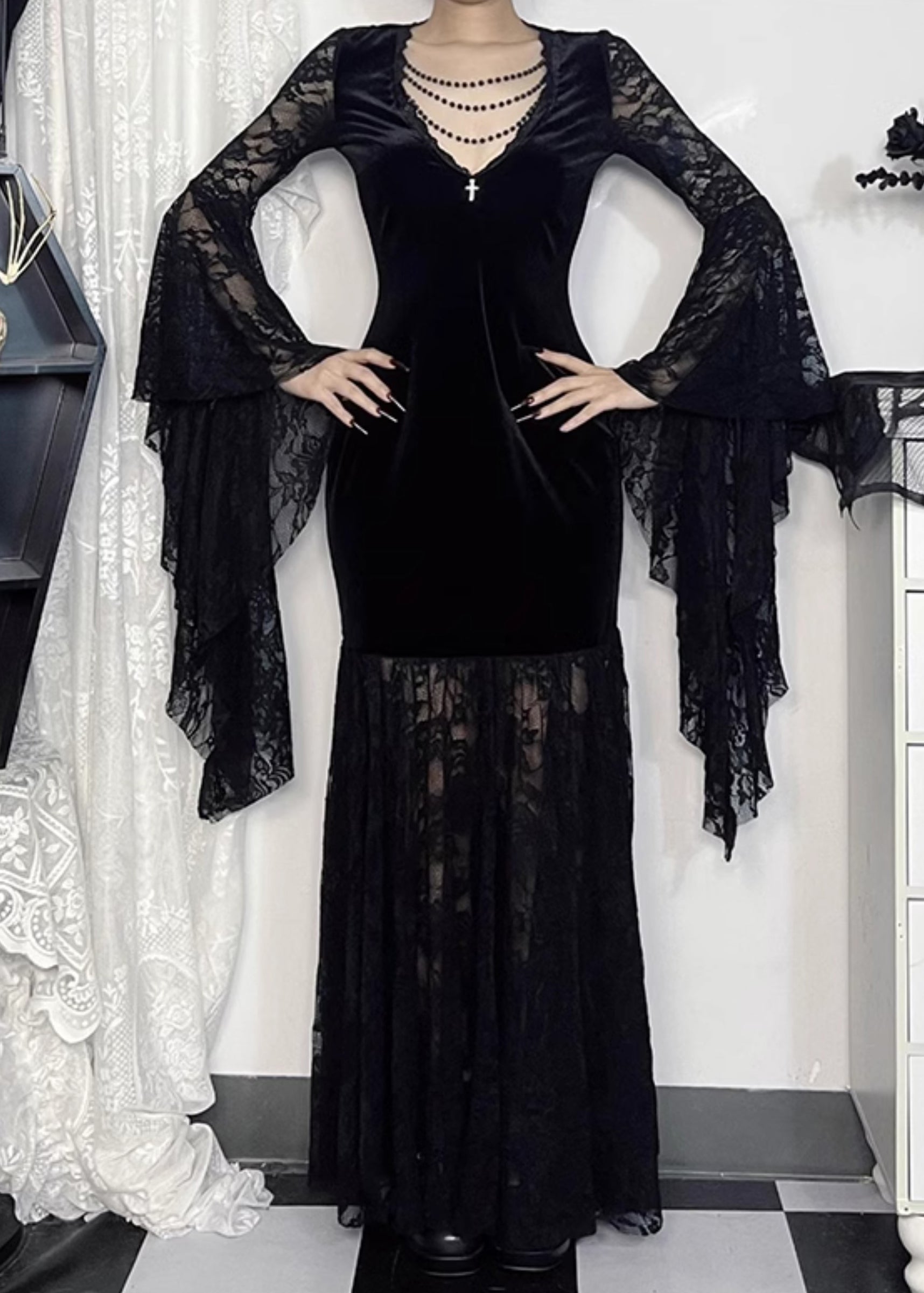 Sexy Black V Neck Lace Patchwork Silk Velvet Long Dresses Flare Sleeve YT029 ABC