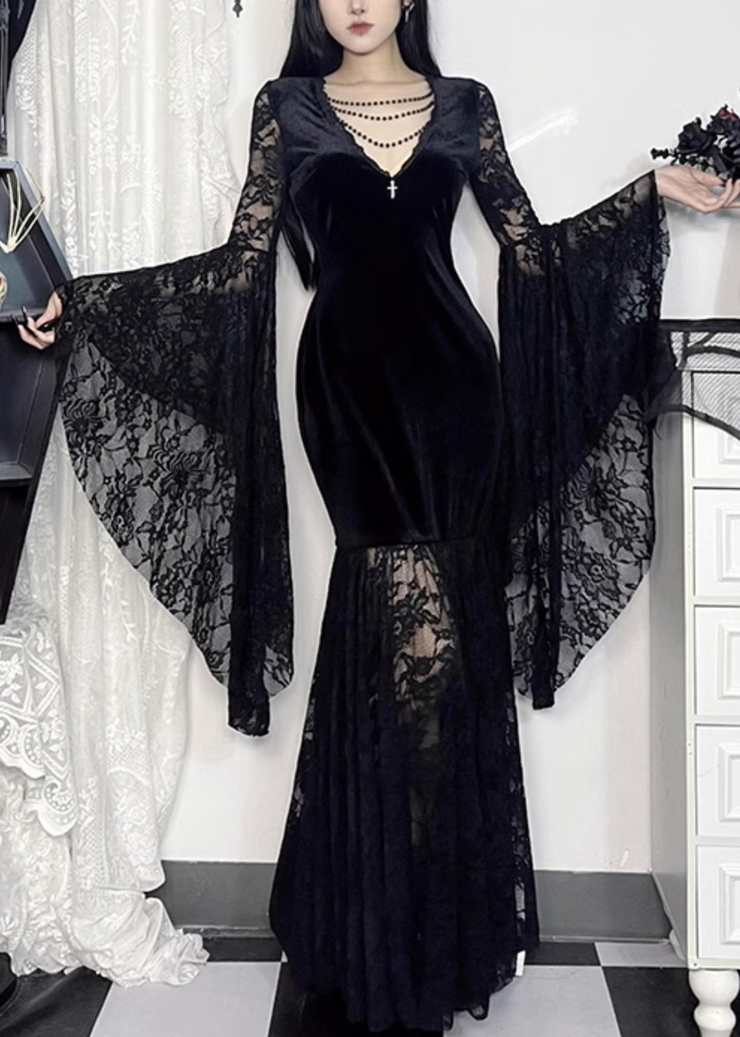 Sexy Black V Neck Lace Patchwork Silk Velvet Long Dresses Flare Sleeve YT029 ABC