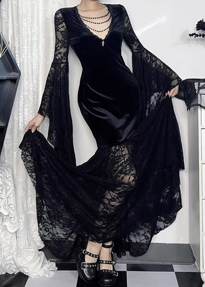 Sexy Black V Neck Lace Patchwork Silk Velvet Long Dresses Flare Sleeve YT029 ABC