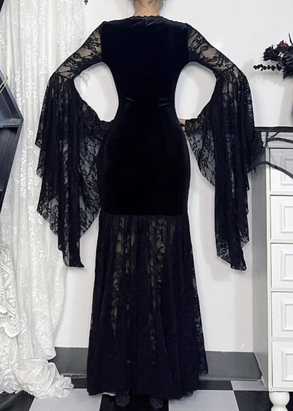 Sexy Black V Neck Lace Patchwork Silk Velvet Long Dresses Flare Sleeve YT029 ABC