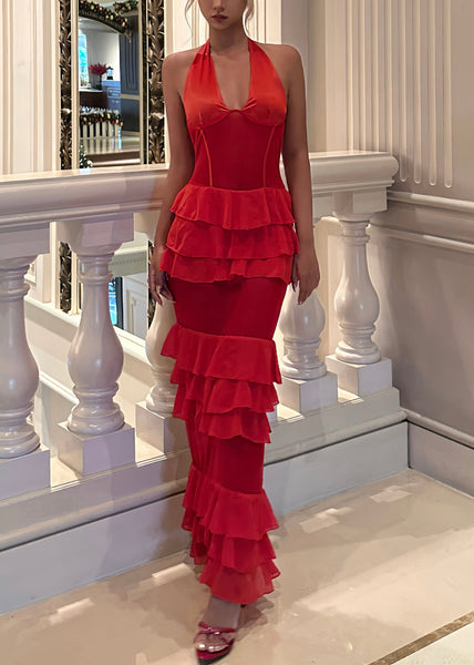 Sexy Black V Neck Ruffled Tulle Maxi Dresses Sleeveless KK036 SH-LF-SDL240602