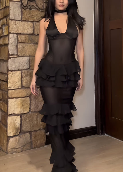 Sexy Black V Neck Ruffled Tulle Maxi Dresses Sleeveless KK036 SH-LF-SDL240602
