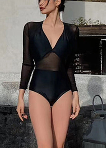 Tulle Black V Sexy Neck Solid Bodysuit FashionChic