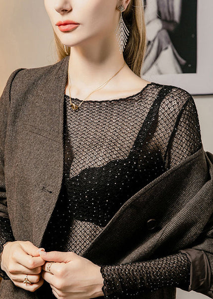 Zircon T Hollow Shirt Out Fall Thin Lace Sexy Black FashionChic