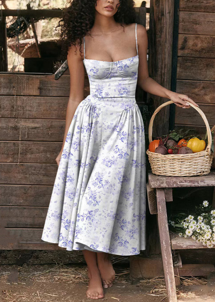 Sexy Blue Print Bustier Top Cotton Spaghetti Strap Dress Sleeveless WW1044 Ada Fashion