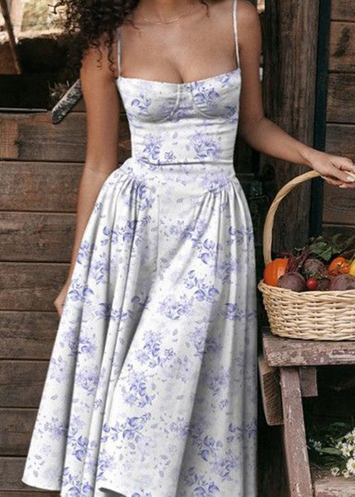 Sexy Blue Print Bustier Top Cotton Spaghetti Strap Dress Sleeveless WW1044 Ada Fashion