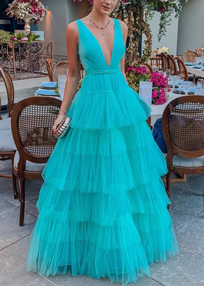 Sexy Blue V Neck High Waist Tulle Dress Sleeveless FF108 SH-LF-SDL240603