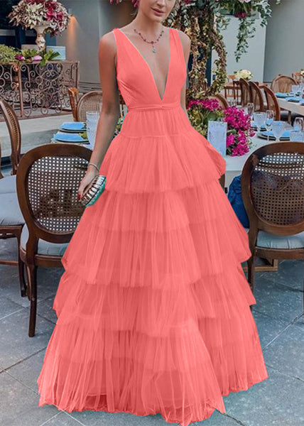 Sexy Blue V Neck High Waist Tulle Dress Sleeveless FF108 SH-LF-SDL240603