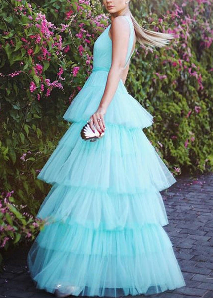 Sexy Blue V Neck High Waist Tulle Dress Sleeveless FF108 SH-LF-SDL240603