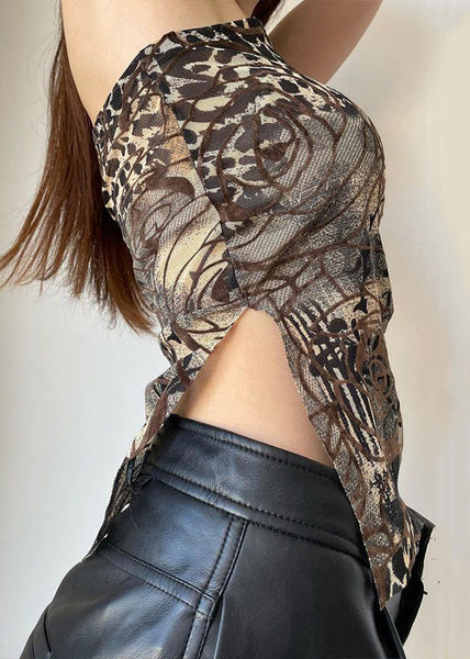 Sexy Brown Asymmetrical Print Tulle Tank Sleeveless YZ051 ABC