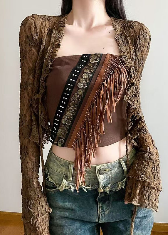 Two Brown And Up Tank Sexy Tasseled Cardigans Out Hollow Lace FashionChic