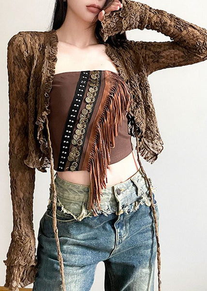 Two Brown And Up Tank Sexy Tasseled Cardigans Out Hollow Lace FashionChic