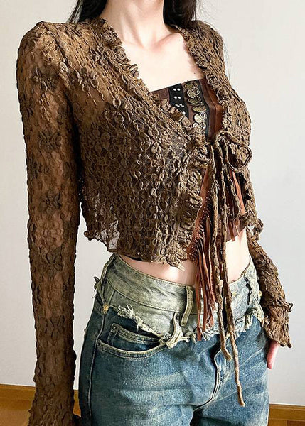 Two Brown And Up Tank Sexy Tasseled Cardigans Out Hollow Lace FashionChic