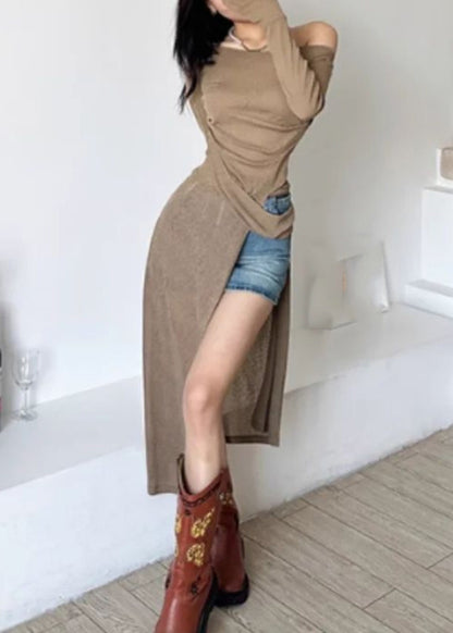 Open Sexy Shoulder Brown Dresses Side Maxi One Silk Asymmetrical FashionChic