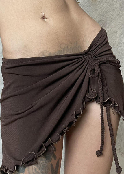 Sexy Brown Ruffled Lace Up Solid Cotton Skirt Summer YZ049 ABC