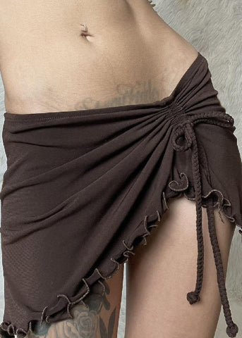 Sexy Brown Ruffled Lace Up Solid Cotton Skirt Summer YZ049 ABC