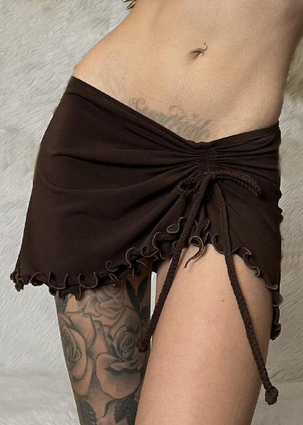 Sexy Brown Ruffled Lace Up Solid Cotton Skirt Summer YZ049 ABC