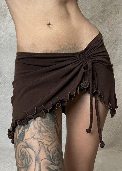 Sexy Brown Ruffled Lace Up Solid Cotton Skirt Summer YZ049 ABC