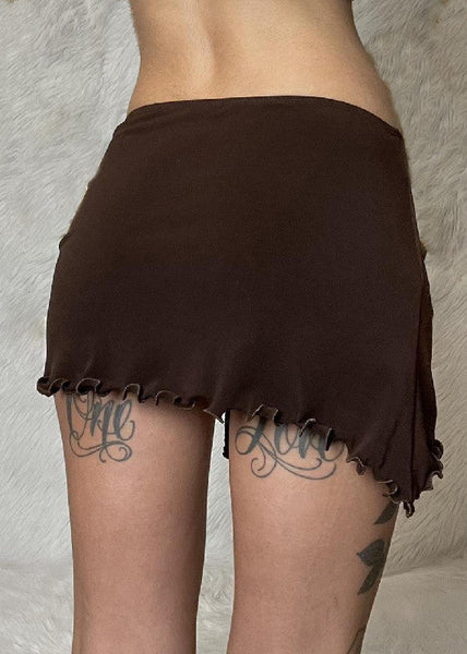 Sexy Brown Ruffled Lace Up Solid Cotton Skirt Summer YZ049 ABC
