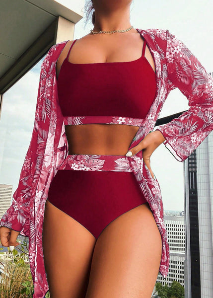 Sexy Brown V-Neck Print Patchwork Swimwear Three Pieces Set VC060 WM-Beach-QQT240615