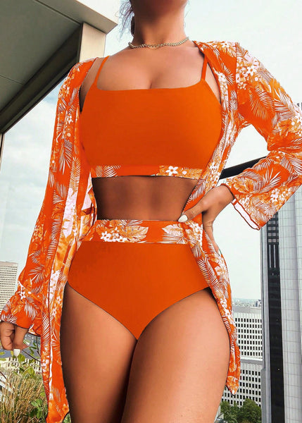 Sexy Brown V-Neck Print Patchwork Swimwear Three Pieces Set VC060 WM-Beach-QQT240615