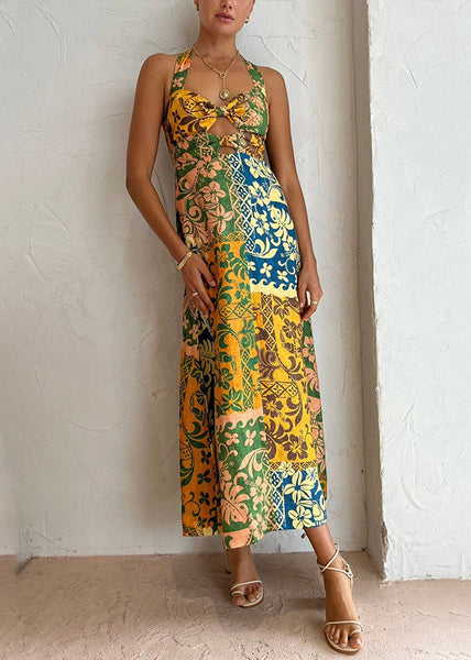 Sexy Colorblock Print Lace Up Linen Holiday Dress Sleeveless FF079 SH-LF-SDL240603