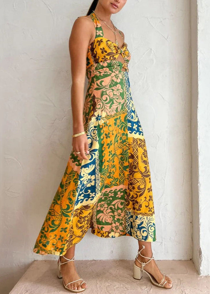 Sexy Colorblock Print Lace Up Linen Holiday Dress Sleeveless FF079 SH-LF-SDL240603