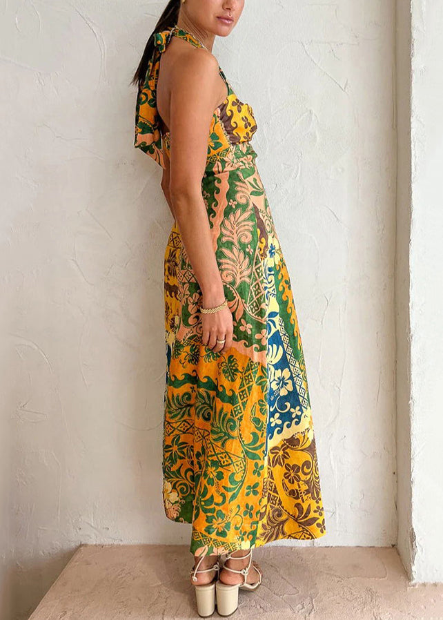 Sexy Colorblock Print Lace Up Linen Holiday Dress Sleeveless FF079 SH-LF-SDL240603