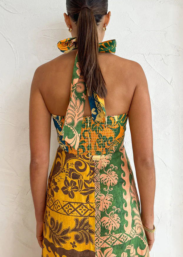 Sexy Colorblock Print Lace Up Linen Holiday Dress Sleeveless FF079 SH-LF-SDL240603