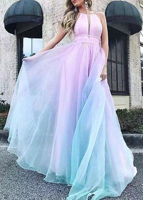 Sexy Gradient Color V Neck High Waist Tulle Maxi Dresses Sleeveless WW1036 Ada Fashion