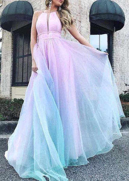 Sexy Gradient Color V Neck High Waist Tulle Maxi Dresses Sleeveless WW1036 Ada Fashion