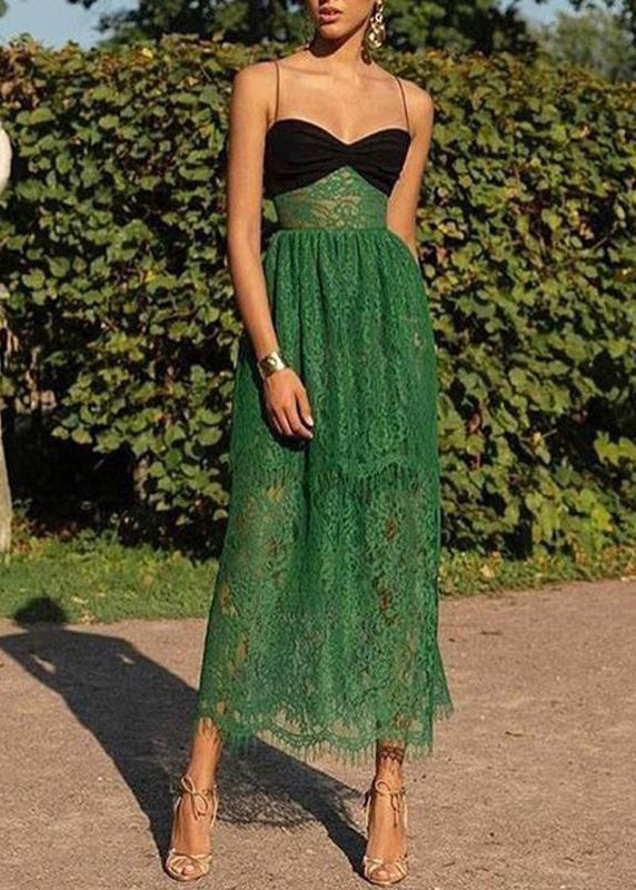 Sexy Green Cold Shoulder Patchwork Lace Spaghetti Strap Dress Sleeveless XX031 SH-LF-SDL240611