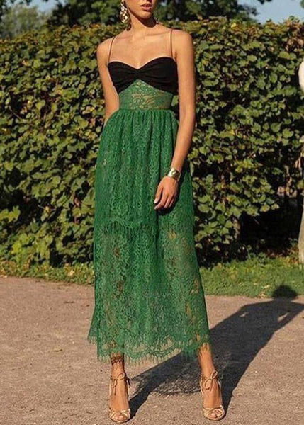 Sexy Green Cold Shoulder Patchwork Lace Spaghetti Strap Dress Sleeveless XX031 SH-LF-SDL240611