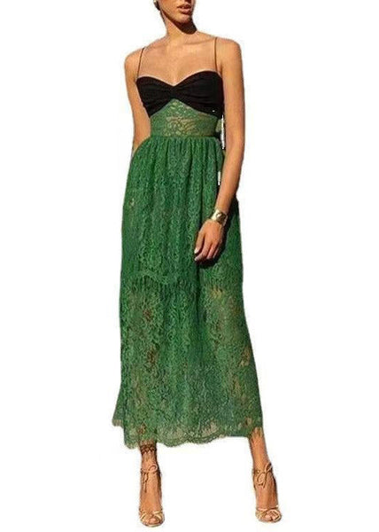 Sexy Green Cold Shoulder Patchwork Lace Spaghetti Strap Dress Sleeveless XX031 SH-LF-SDL240611