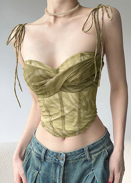 Green Tulle Shoulder Vest Strap Cold Sexy Spaghetti Short FashionChic