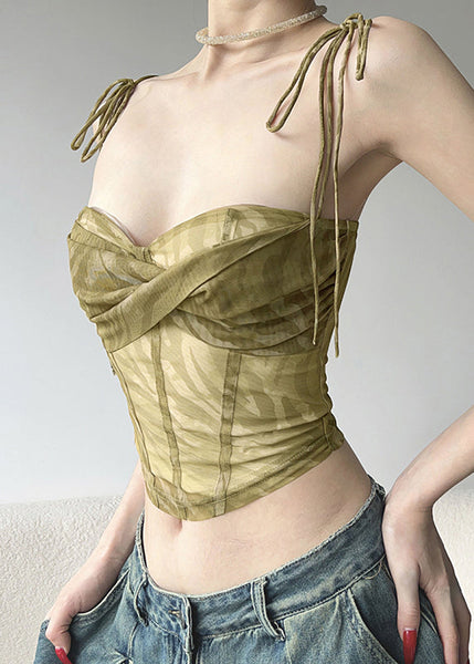 Green Tulle Shoulder Vest Strap Cold Sexy Spaghetti Short FashionChic