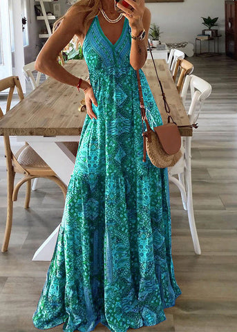 V Strap Dress Long Green Holiday Neck Spaghetti Sexy Print FashionChic