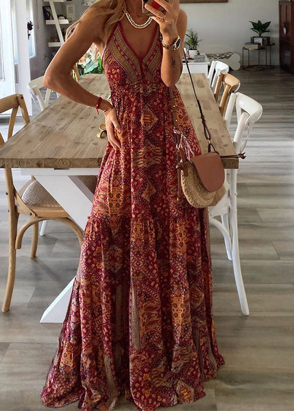 V Strap Dress Long Green Holiday Neck Spaghetti Sexy Print FashionChic