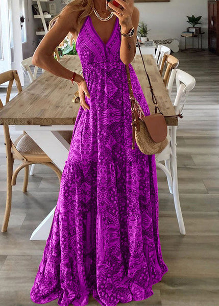 V Strap Dress Long Green Holiday Neck Spaghetti Sexy Print FashionChic
